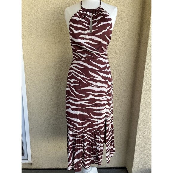 Paige Jade Cherrywood Cream Zebra printed halter ruffle hem midi dress Small - Picture 5 of 15